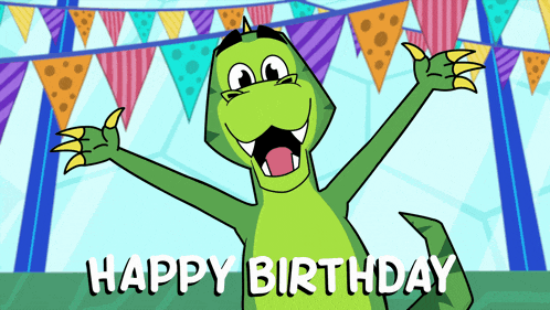 a cartoon dinosaur says happy birthday in front of a bunch of flags