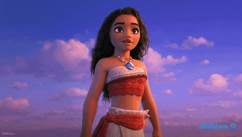 a poster for disney 's moana 2 shows a girl standing on a hill overlooking the ocean