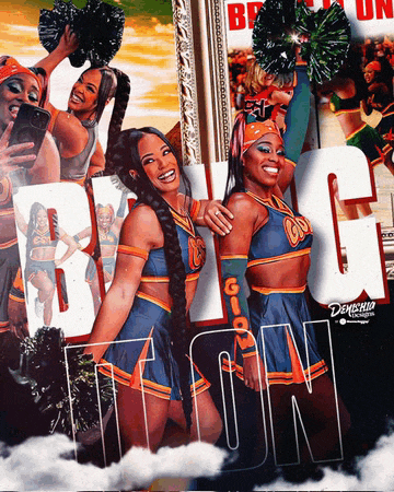 two cheerleaders are posing in front of a sign that says icon