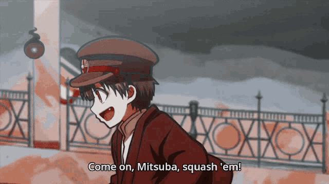a cartoon character says come on mitsuba squash em