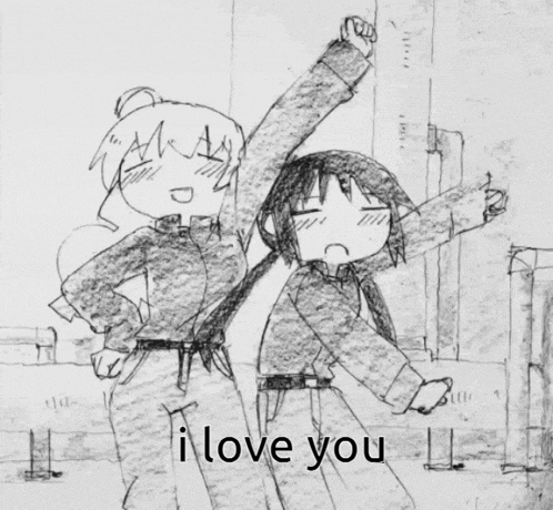 a black and white drawing of a boy and a girl with the words i love you