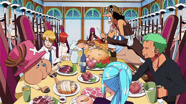 a group of people sitting around a table with plates of food
