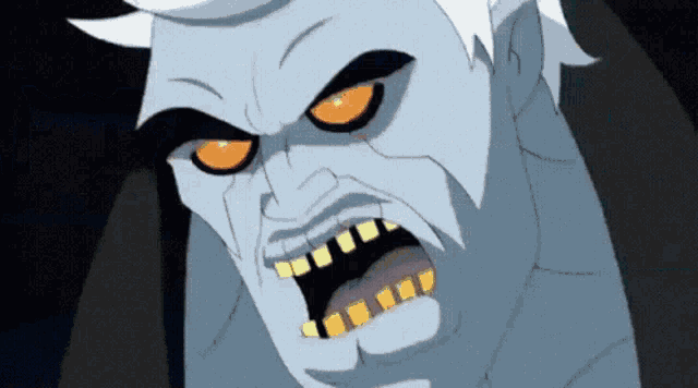 a close up of a cartoon character 's face with orange eyes and yellow teeth