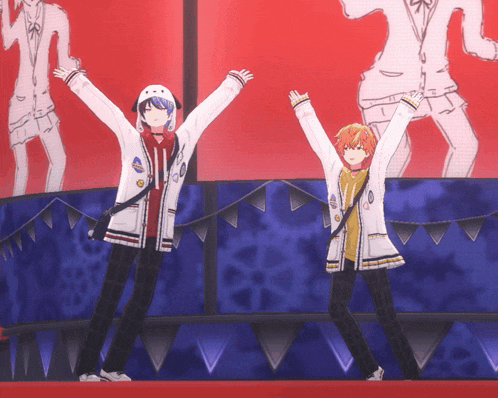 two anime characters are standing on a stage with their hands in the air