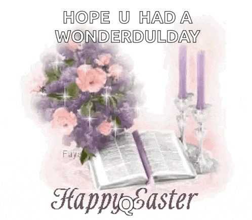 a happy easter card with a bible , candles and flowers