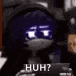 a close up of a person 's face with a purple eye and the words huh ?