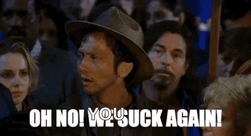 a man in a hat says oh no you suck again in front of a crowd