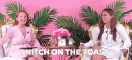 two women are sitting in chairs on a pink background .