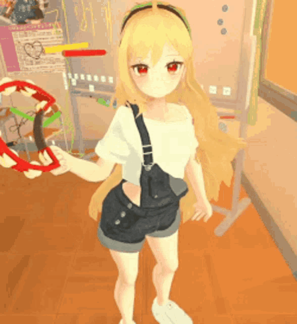 a blonde anime girl is holding a tambourine in her hand