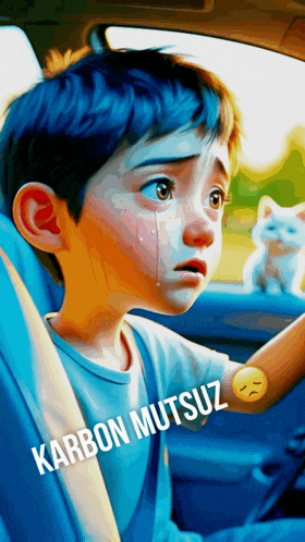 a boy is crying in a car with the words karbon mutsuz on the bottom right