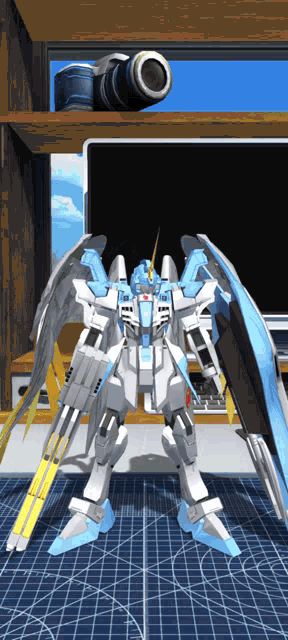 a robot with wings is standing on a blue grid