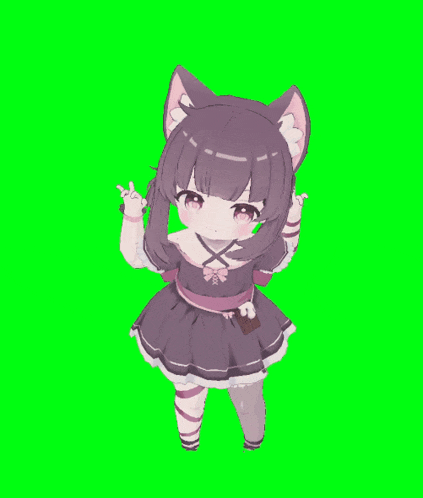 a little girl with cat ears is standing on a green screen and making a rock sign .
