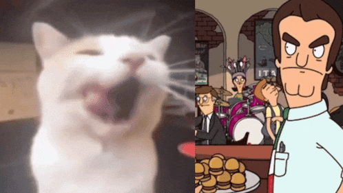 a cat is yawning next to a cartoon of a man holding a sandwich