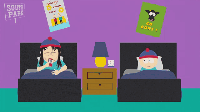 a south park sign hangs above two beds with posters on them