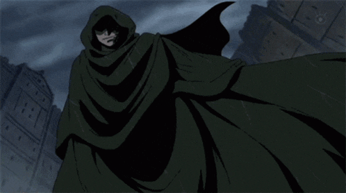 a cartoon character with a hood on has a tattoo on his face that says " i "