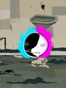 a cartoon drawing of a person with a blue and pink flame around them