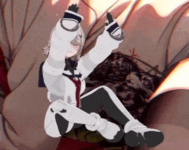 a 3d anime character is sitting on a couch with her arms up