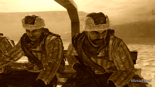 two soldiers on a boat with illusive soul on the bottom right