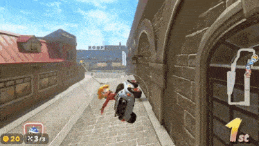 a video game shows a person riding a motorcycle down a street and the number 1st is on the screen