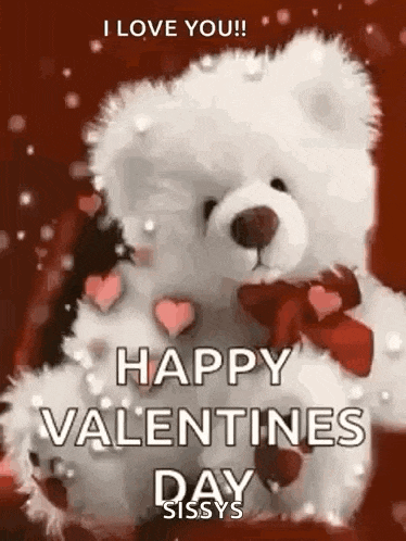 a teddy bear is sitting on a red background and says `` i love you ! happy valentines day sissy . ''