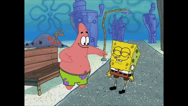 spongebob and patrick are standing next to each other in a cartoon