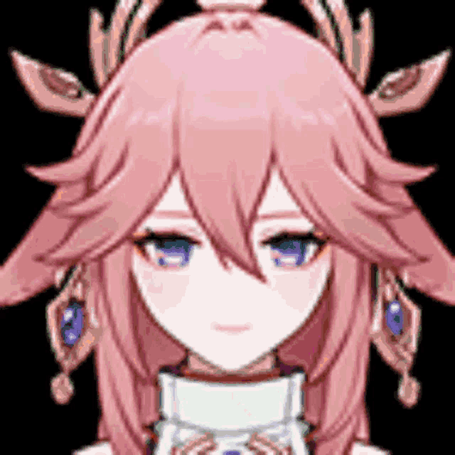 a pixel art of a girl with pink hair and blue eyes