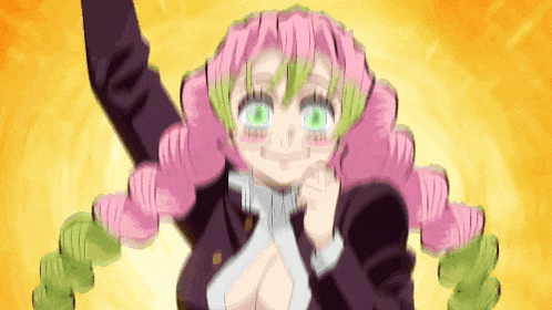 a girl with pink hair and green eyes is making a funny face .