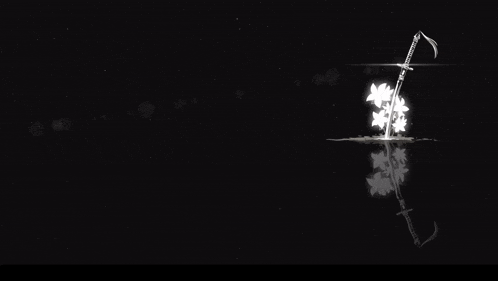 a sword and flowers are reflected in the water in the dark