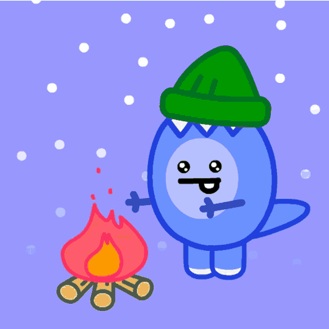 a cartoon character is wearing a green hat and standing next to a fire