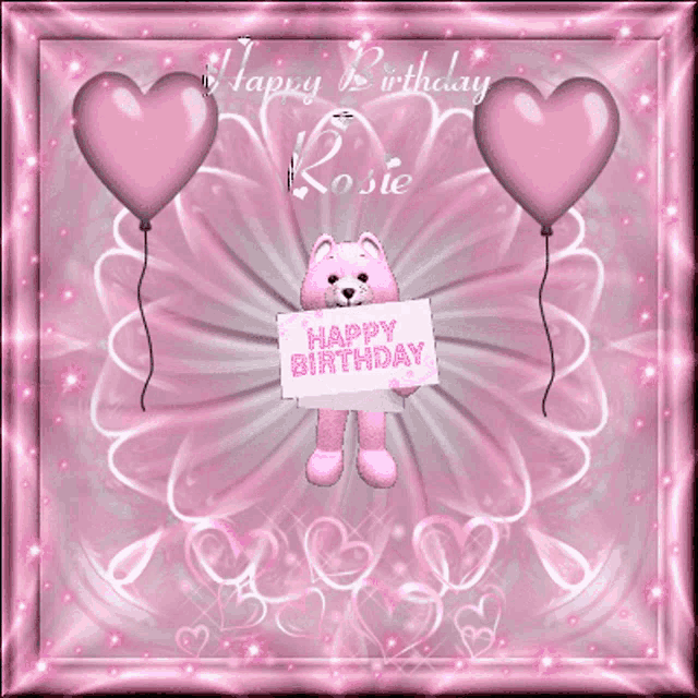 a pink teddy bear holding an envelope with the words happy birthday rosie written on it