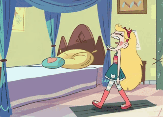 a cartoon of star walking in a bedroom