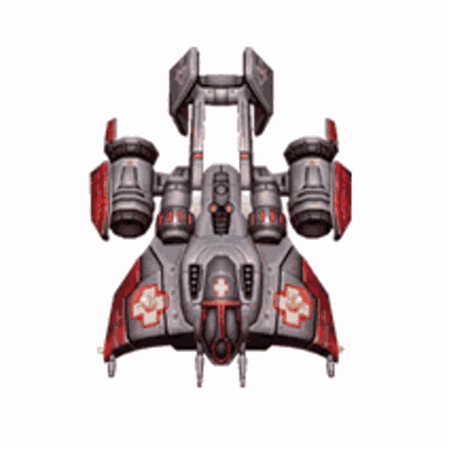 a gray and red space ship with a red cross on it