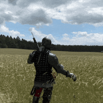 a knight in armor is standing in a field of tall grass