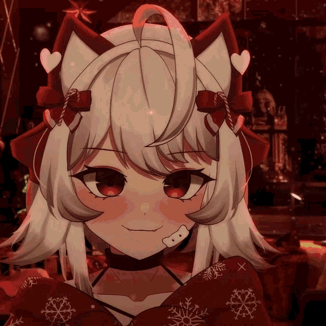 a girl with white hair and red eyes is wearing a red sweater with snowflakes