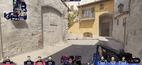 a group of men are playing a video game and one of them has the number 13k on his screen