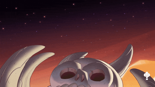 a cartoon drawing of a skull with horns and a starry sky in the background