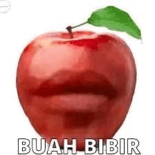 a red apple with a green leaf is shaped like a person 's mouth .