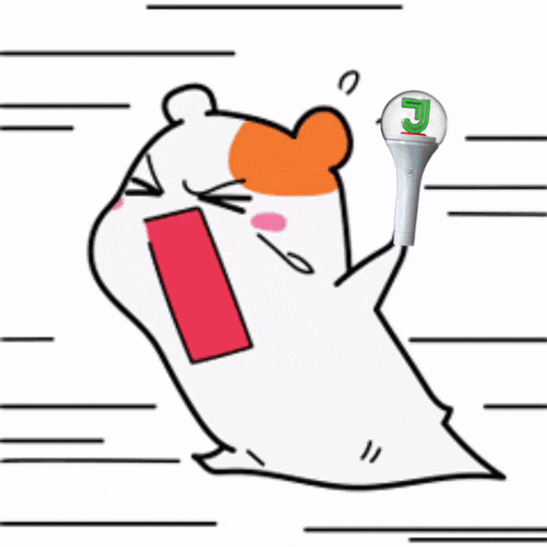 a cartoon drawing of a hamster holding a light stick with j on it