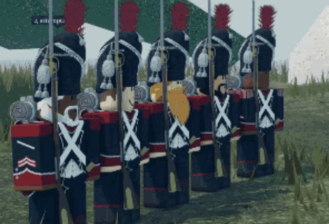 a group of soldiers are lined up in a row with x 's on their shields