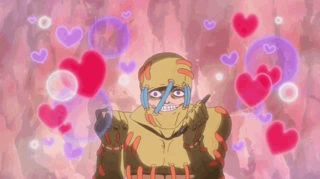 a cartoon character surrounded by hearts and bubbles