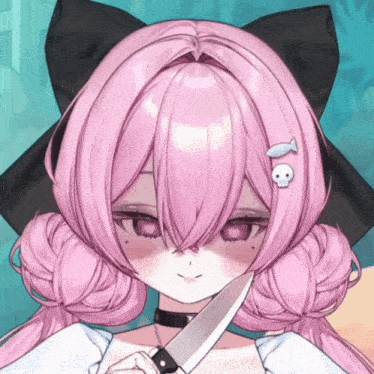 a girl with pink hair is holding a large knife in her hand