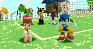 a group of cartoon characters are standing on a grassy field