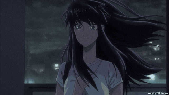 a gif of a girl with long black hair and the words omake gif anime