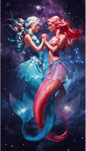 a painting of two mermaids holding hands against a starry background