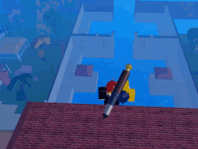 a man in a yellow shirt sits on a brick roof