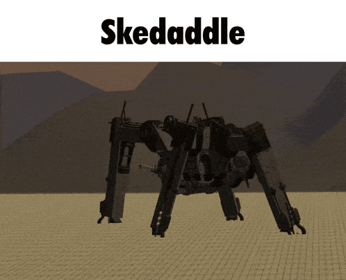 a picture of a robot with the word skedaddle on the bottom