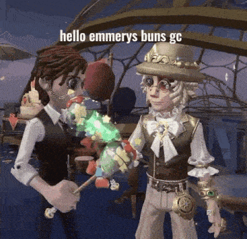 two cartoon characters are standing next to each other in a room in a video game and one of them is holding a toy .