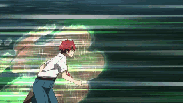a man with red hair is running in front of a green light