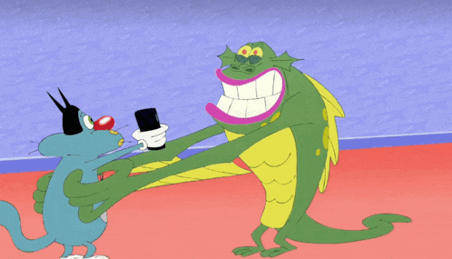 a cartoon of a cat and a lizard with big smiles