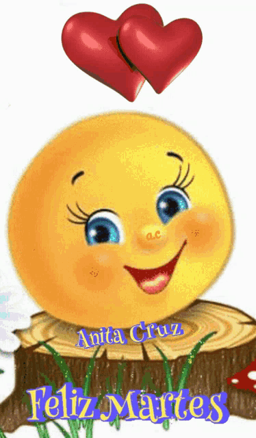 a smiley face is sitting on a tree stump with the words feliz martes on the bottom